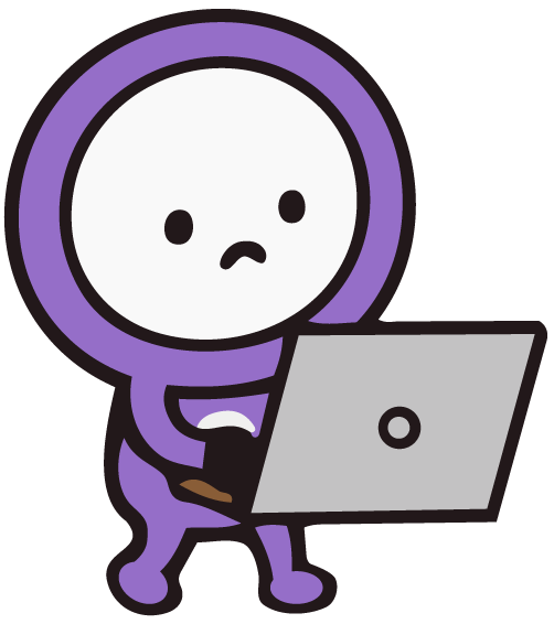 紫のQちゃんがパソコンを見ながら一緒に整理している