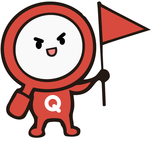 赤いQちゃんが旗を持っている